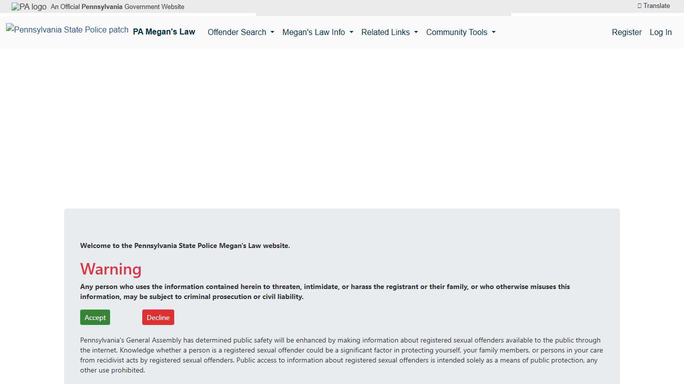 Terms And Conditions - Megan's Law Public Website