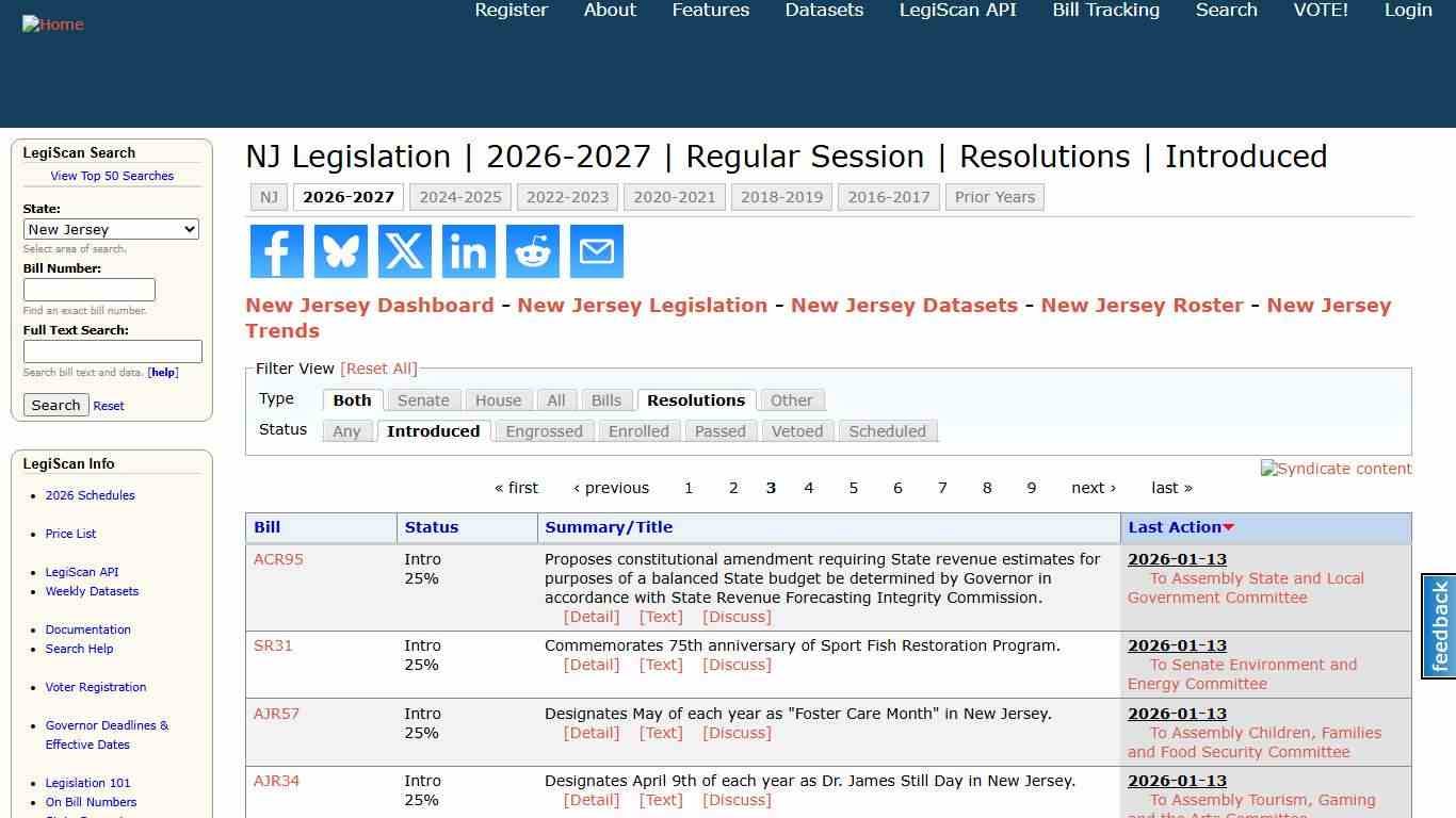 NJ Legislation 2026-2027 Regular Session Resolutions Introduced LegiScan
