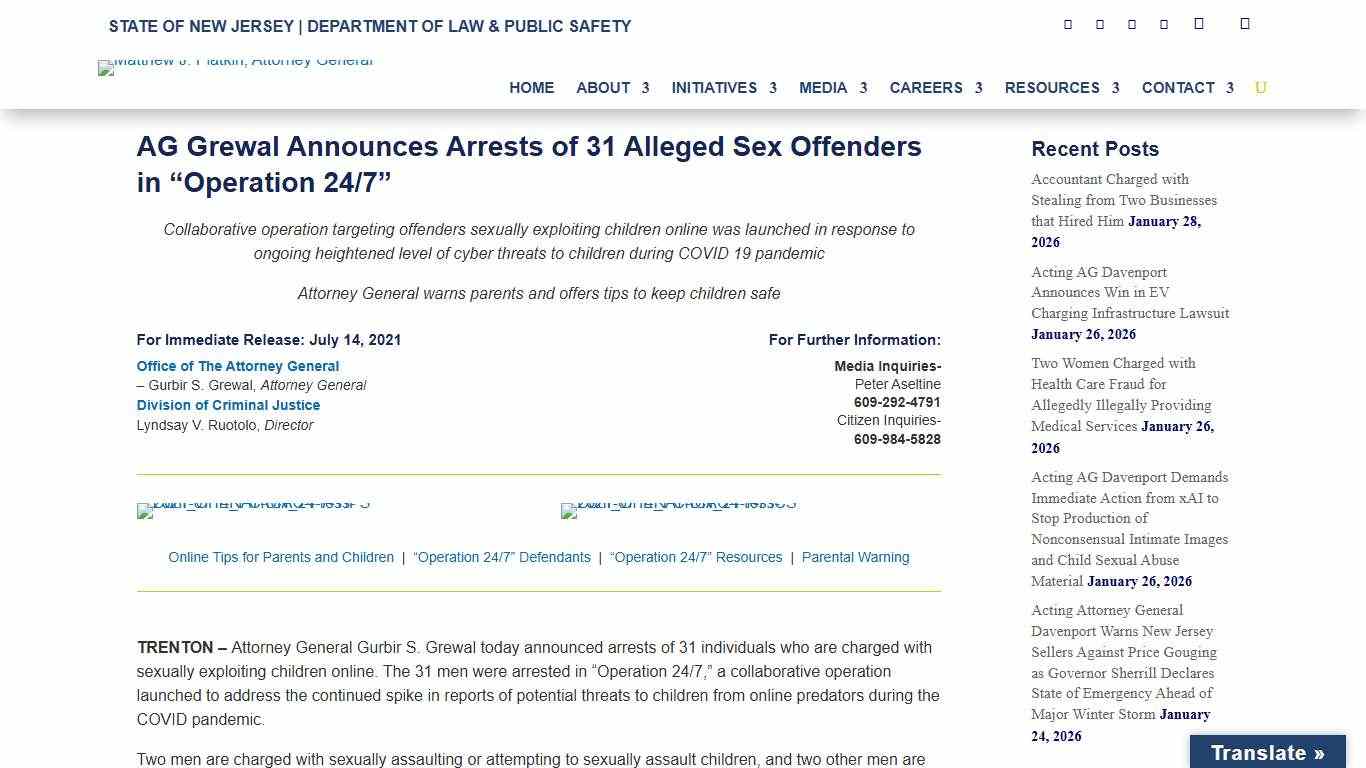 AG Grewal Announces Arrests of 31 Alleged Sex Offenders in “Operation 24/7” - New Jersey Office of Attorney General